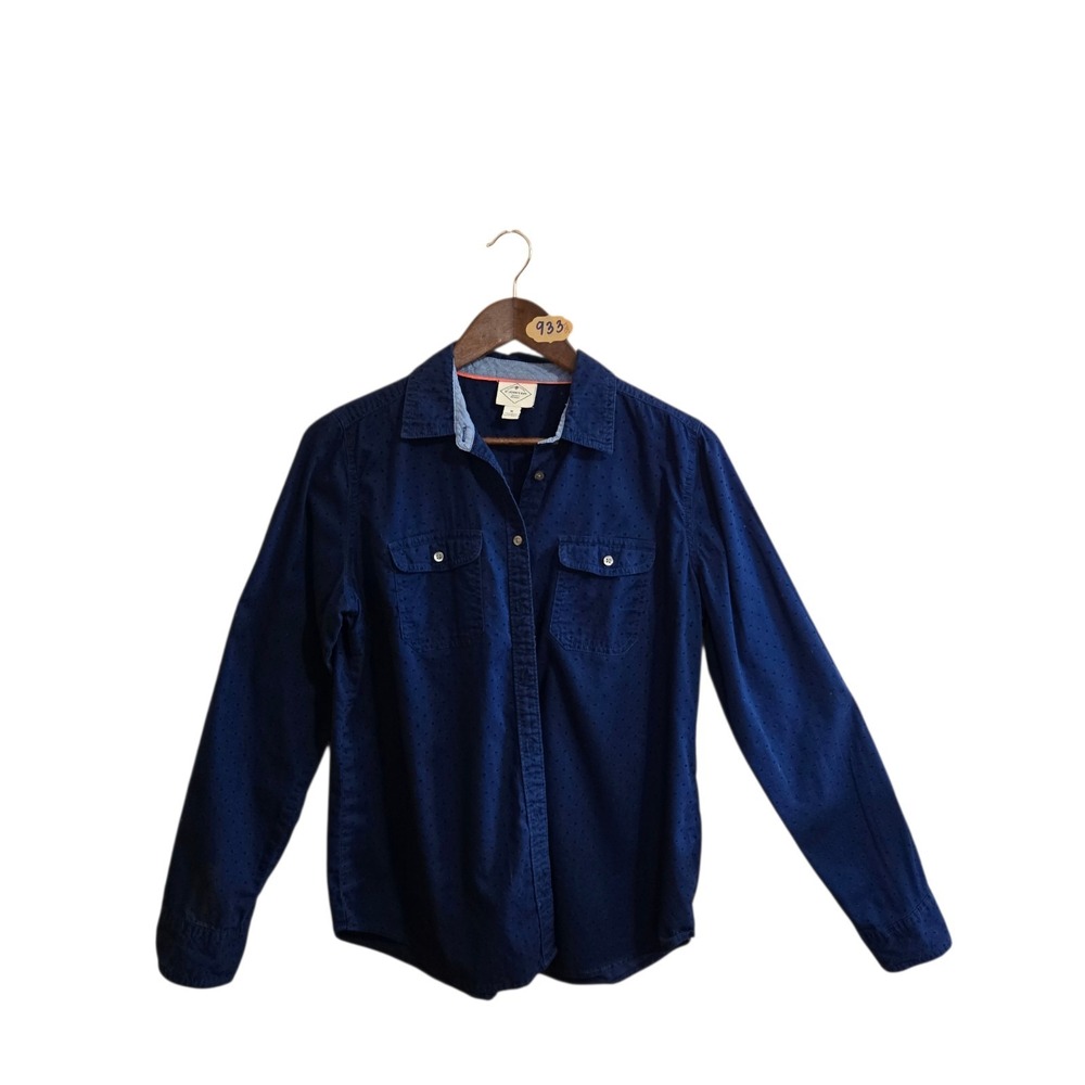 St John Bay Top Size M Blue Button‎ Down Long Sleeve Cotton Blend Polka Dot